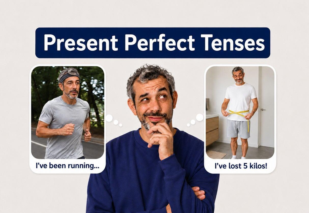 Present perfect simple vs continuous ESL lesson image showing a man thinking about “I’ve been running…” and “I’ve lost 5 kilos!” to compare ongoing actions and completed results.