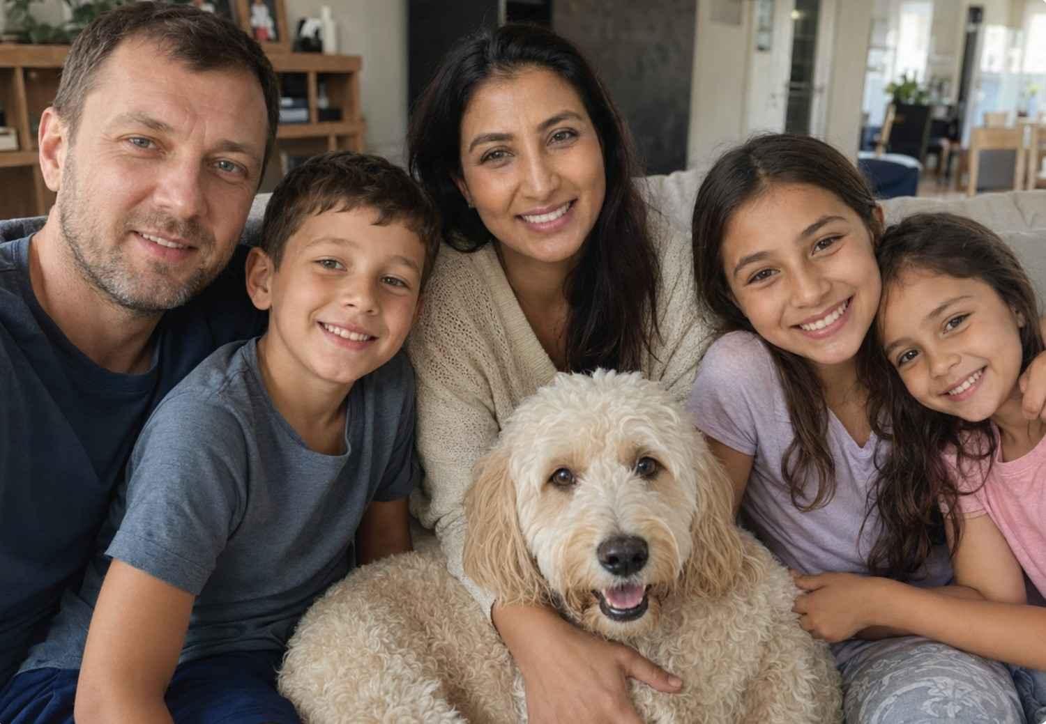 Family smiling with their dog at home for a family introductions ESL lesson about parents, children, pets, and family vocabulary.