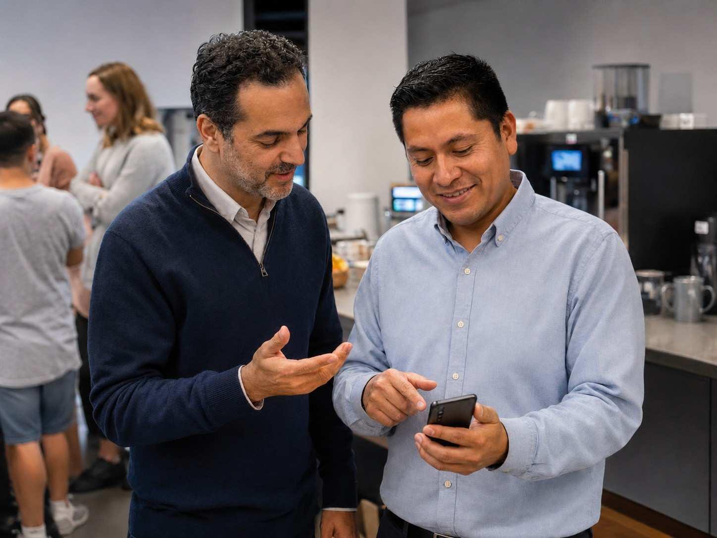 Two men smiling and looking at a phone together during a family introductions ESL lesson about describing family members.