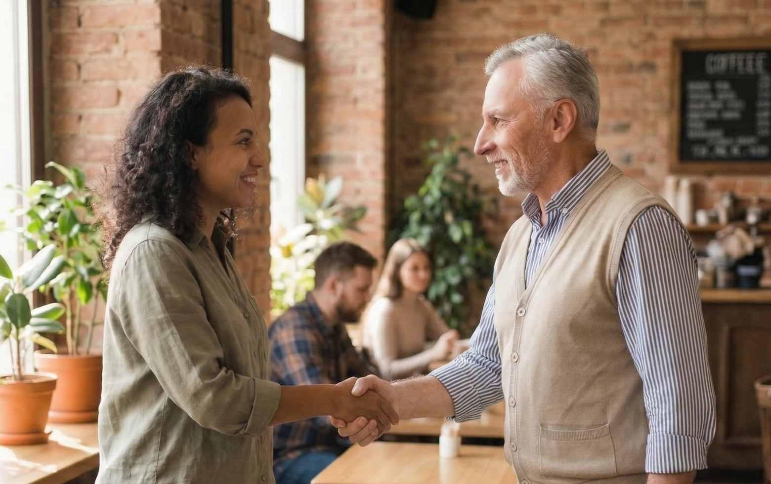Beginner ESL students practicing a first English conversation, introducing themselves and saying “nice to meet you” in a real-life setting.