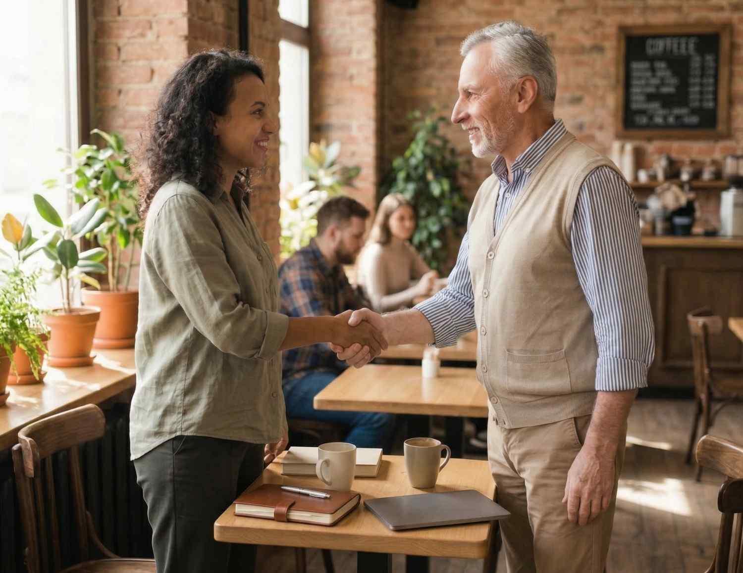 Beginner ESL students practicing a first English conversation, introducing themselves and saying “nice to meet you” in a real-life setting.