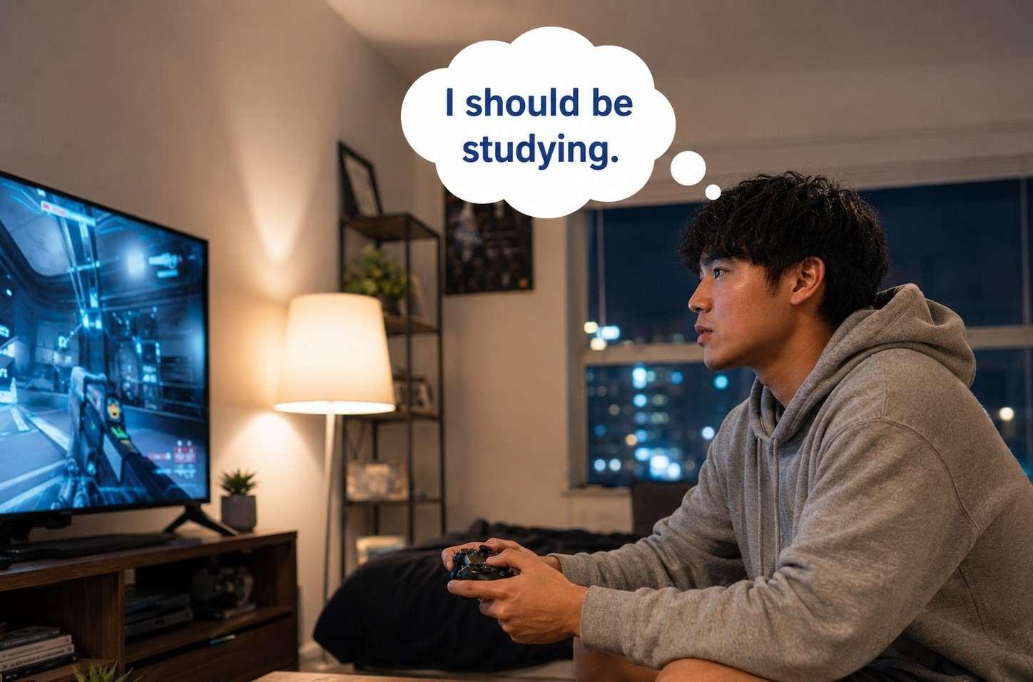 A man playing video games who should be studying for an ESL lesson on modal present progressive.