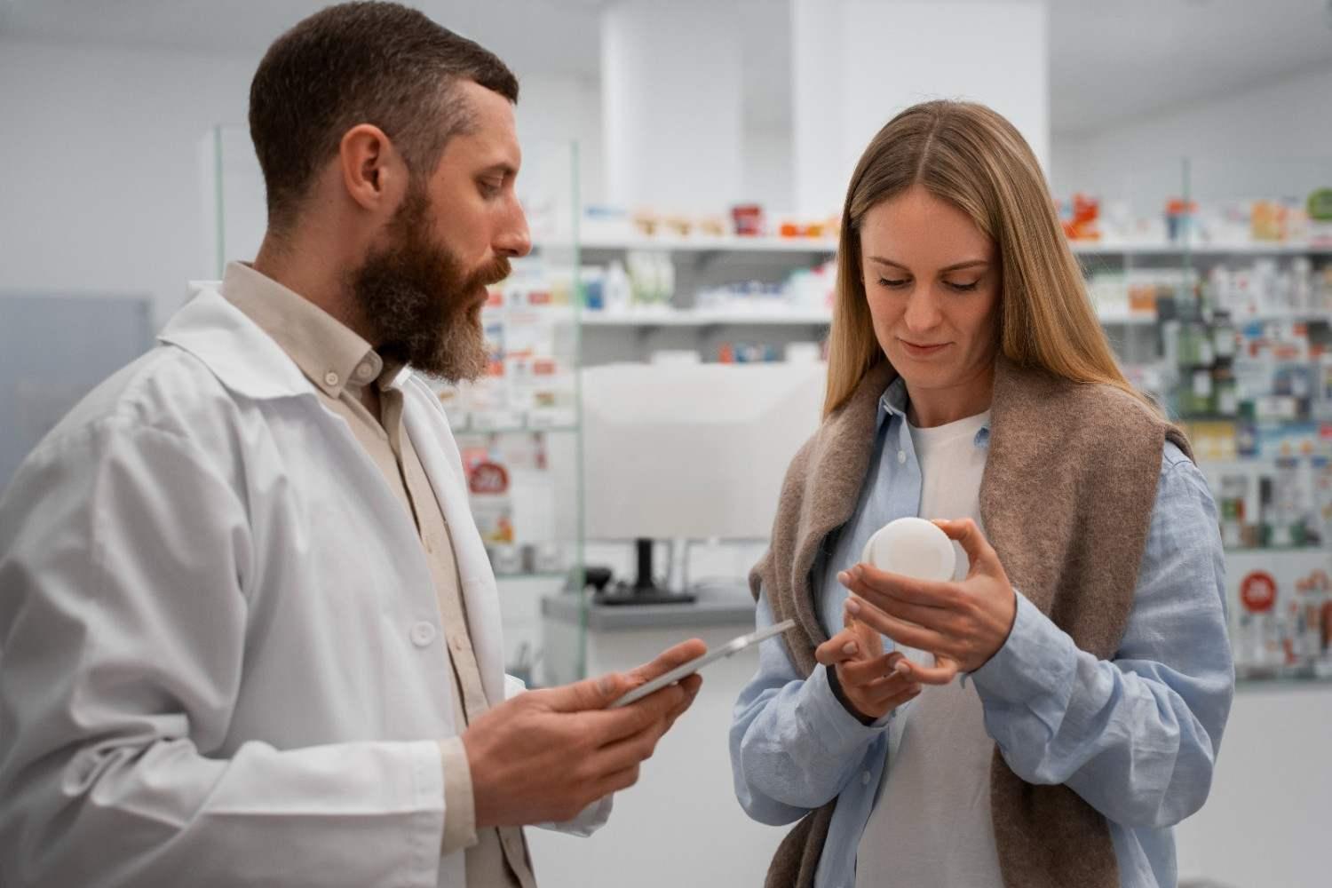 Woman consulting with pharmacist in this ESL lesson about health problems and feeling sick.
