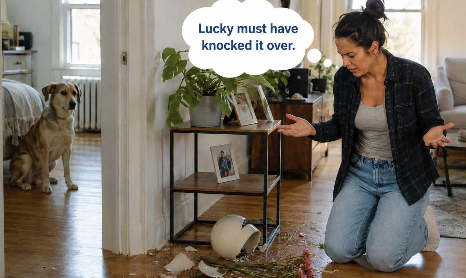 A woman thinking her dog must have knocked over a vase for an ESL lesson on the modal perfect form.