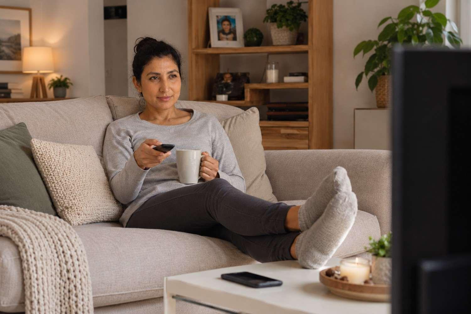 Woman watching TV as part of her daily routine activity in this ESL lesson for beginners.